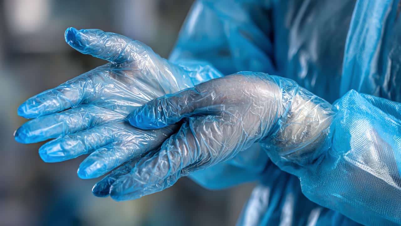 Primo piano di mani guantate che si preparano per una procedura sterile, che evidenzia l'importanza dell'igiene e della sicurezza in vari ambienti professionali