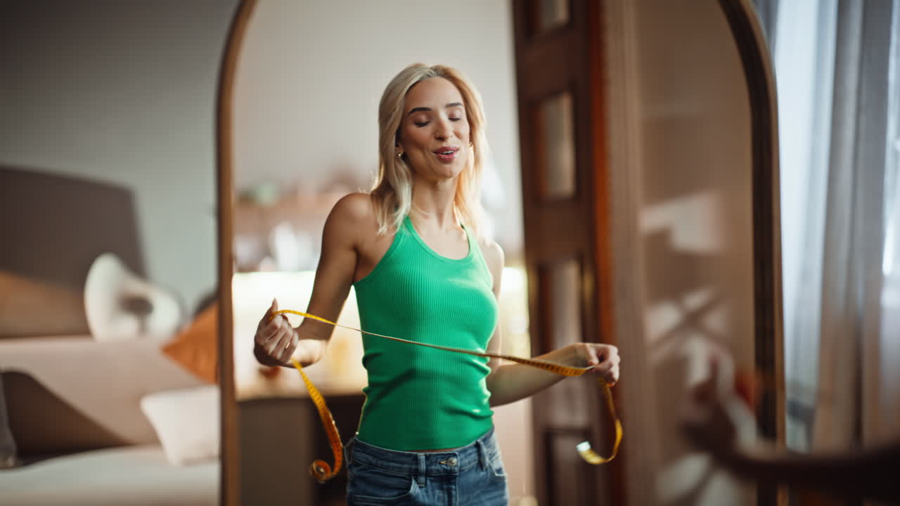 Blonde holding measuring tape looking mirror reflection closeup. Dieting concept