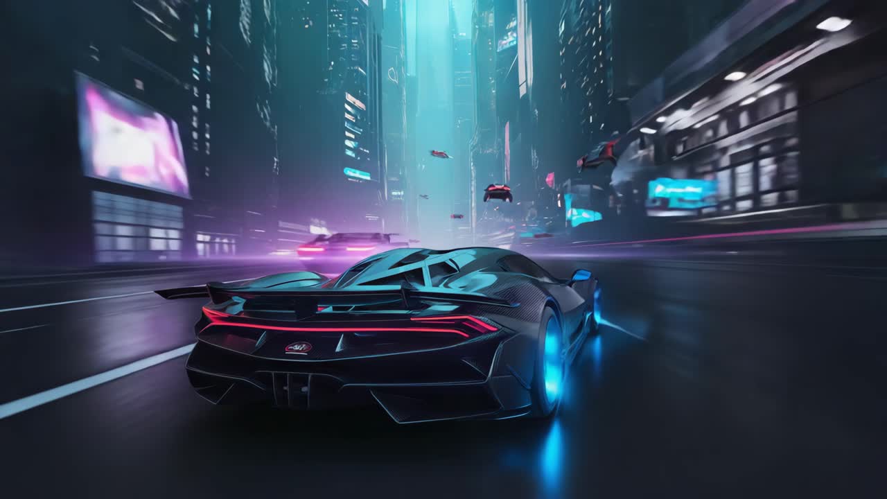 Futuristic Car in a Cyberpunk City at Night