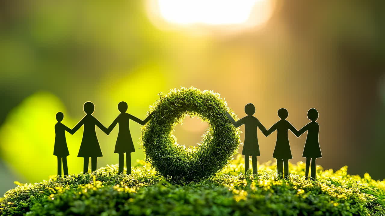 Unity in nature with paper cutouts. Several paper cutout figures hold hands around a green circle, symbolizing community and connection with nature
