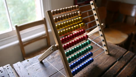 colorido ábaco de madera en una mesa rústica, ideal para temas educativos, matemáticas y entornos de clase antiguos