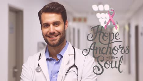 animation of breast cancer awareness text over smiling caucasian male doctor at hospital