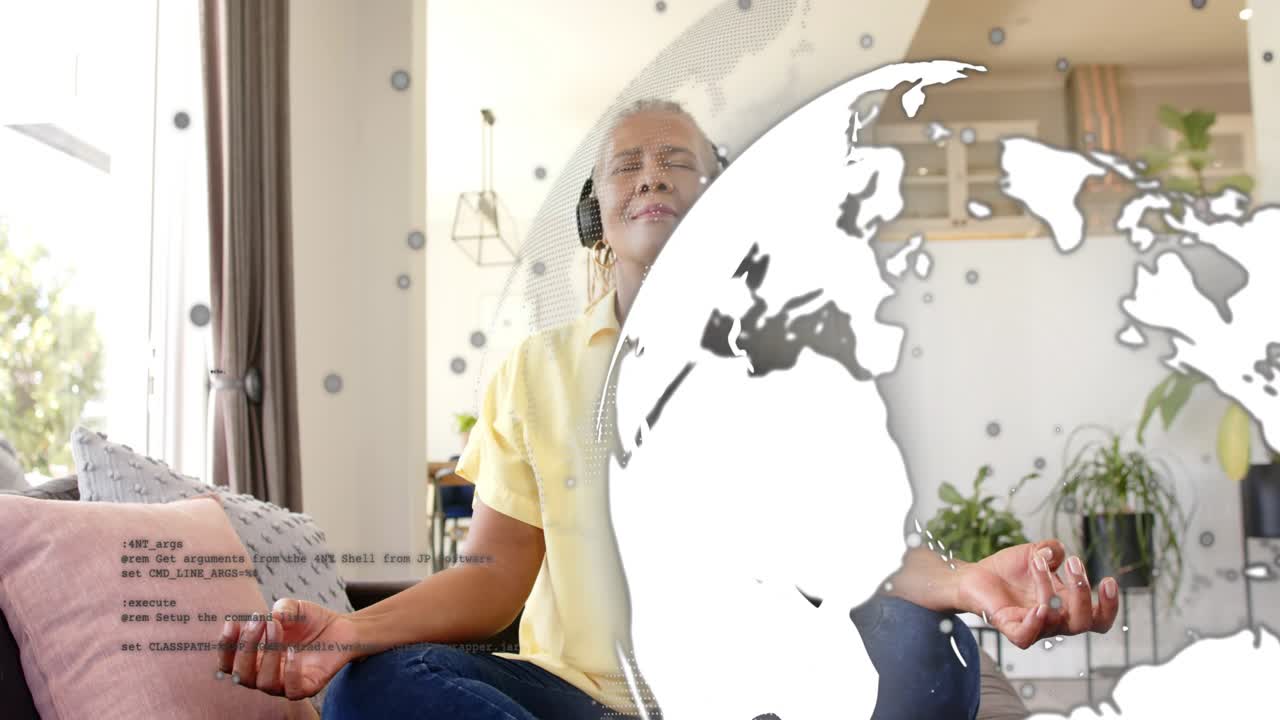 Woman meditating on sofa with headphones while globe emerging right covering body showing health