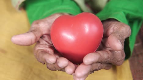 elderly hands holding a red heart