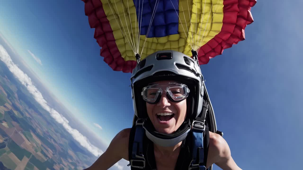 Close-up video shot of a skydiver mid-air, capturing excitement and thrill