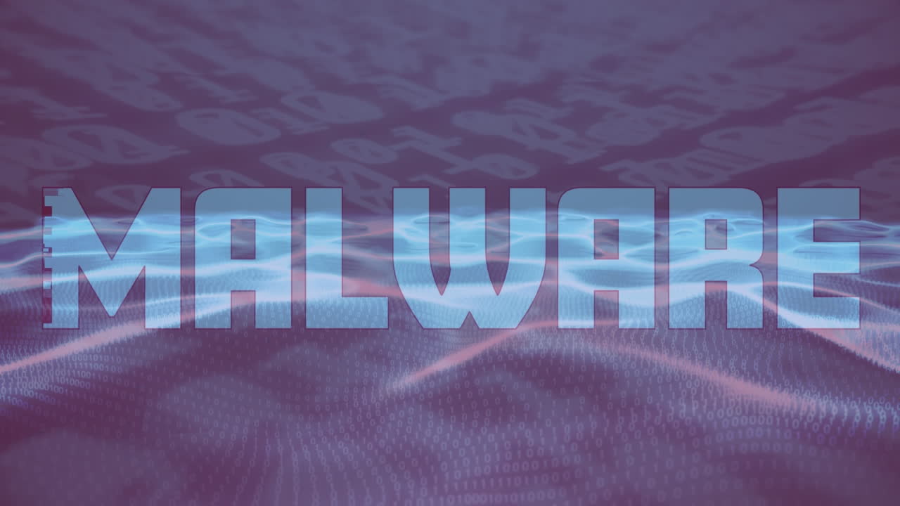 animación de texto de malware y codificación binaria sobre puntos