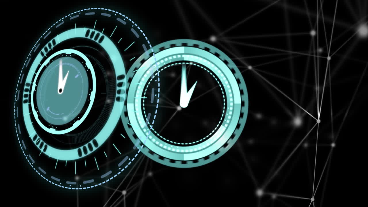 Animation of moving clock and scope scanning over network of connections on black background