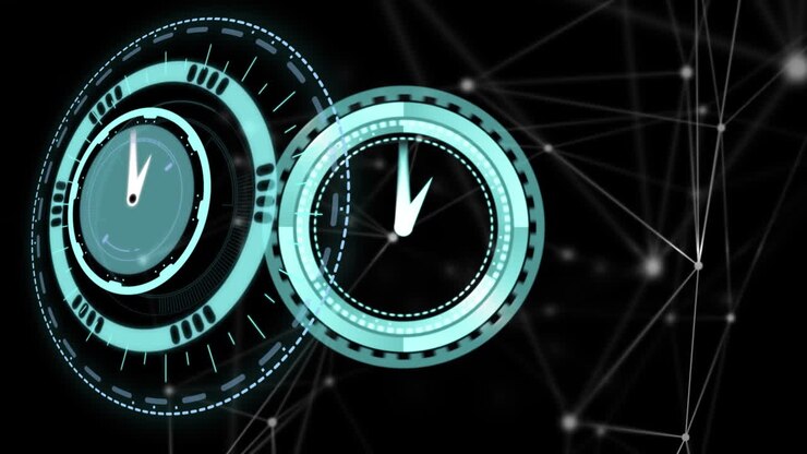 Animation of moving clock and scope scanning over network of connections on black background