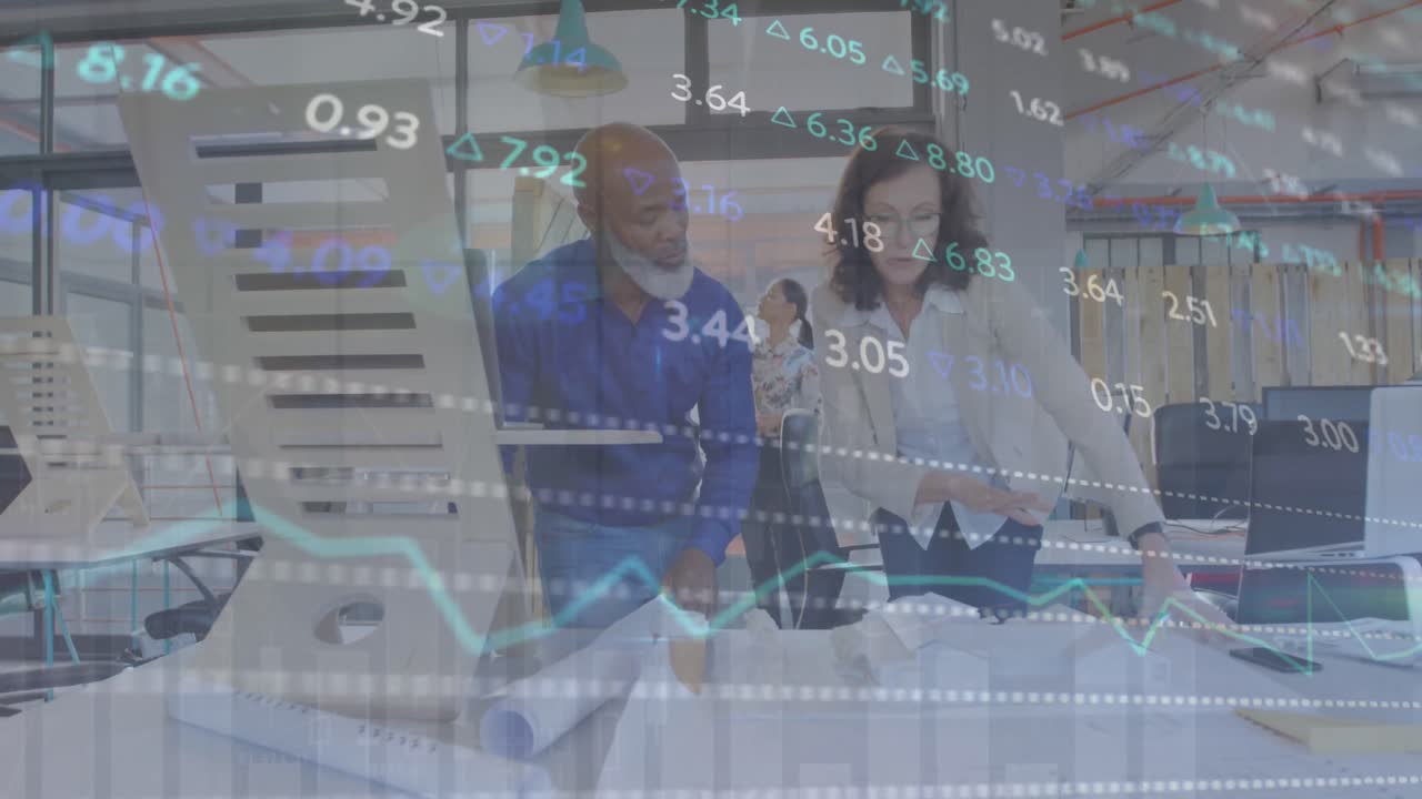 Animation of graphs and trading board over diverse architects discussing 3d model in office