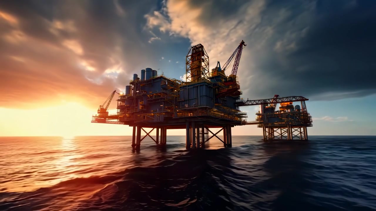 Oil Rig Platform in the Ocean at Sunset
