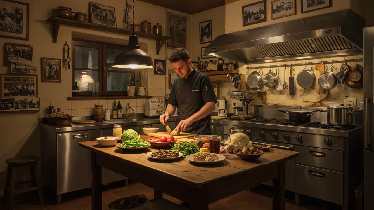 Uno chef appassionato prepara ingredienti freschi in una cucina accogliente e vintage, mettendo in mostra le sue abilità culinarie con attenta cura e fascino rustico