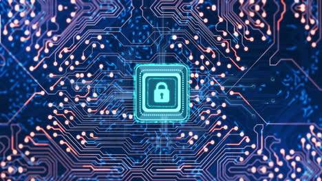 animación de una placa de circuito de computadora con procesamiento de datos y icono de candado digital