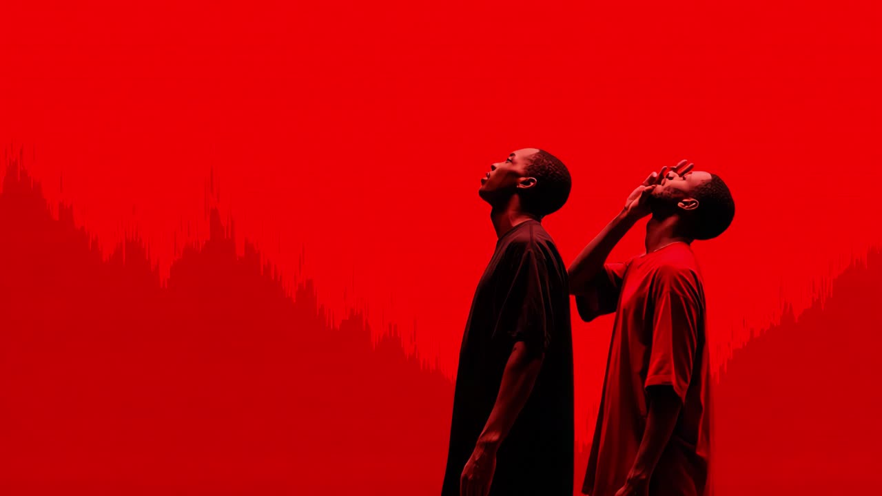Dramatic Portrait of Two Individuals Gazing Upward Against a Striking Red Background, Capturing Expression and Emotion in a Bold Visual Composition of Light and Color