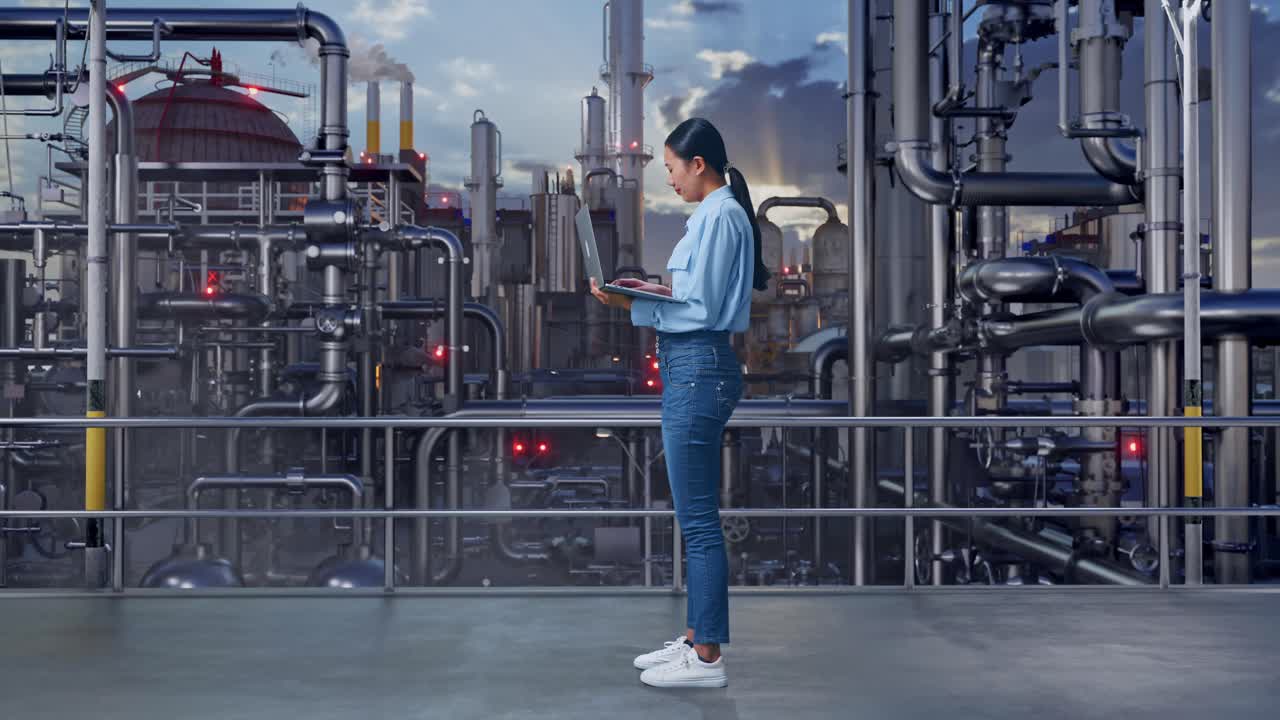 Woman Working on Laptop in a Factory