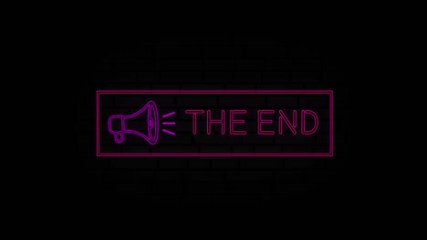 the end neon sign in a frame with a megaphone on a black background. animation glowing neon line text the end. 4k video motion graphic animation.