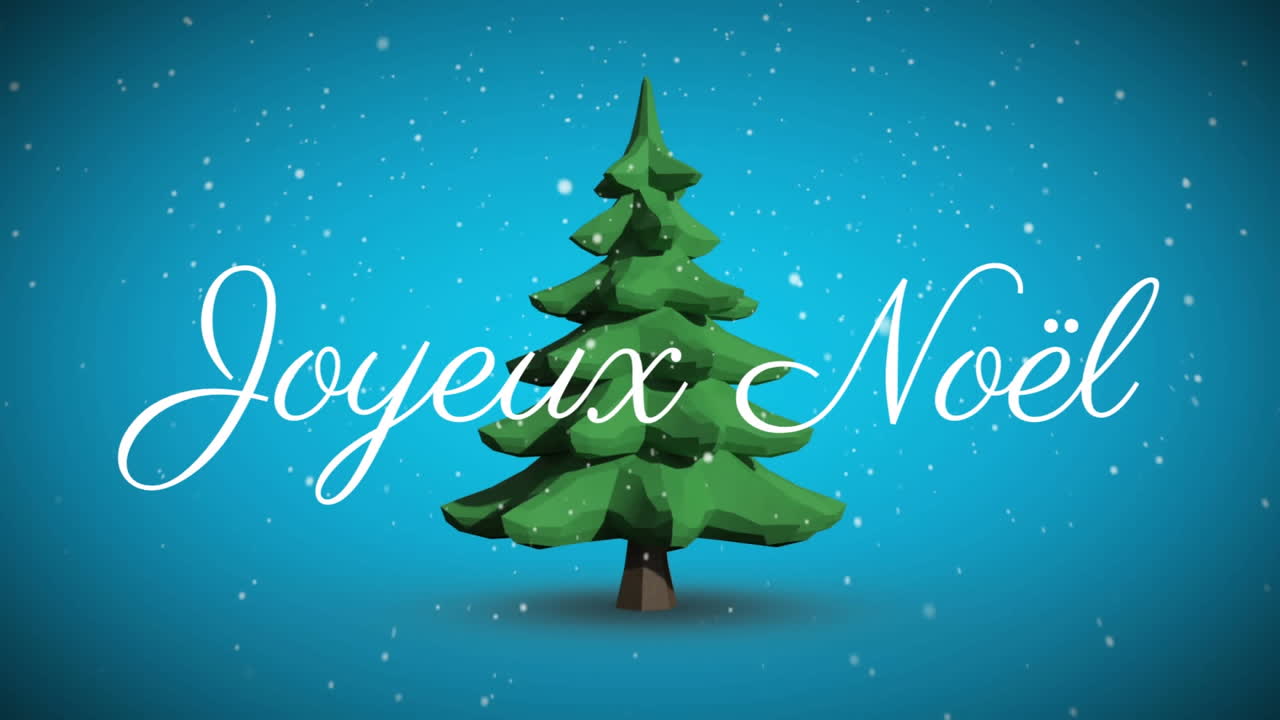 Animazione di auguri di Natale "Joyeux Noël" su albero di Natale su sfondo blu