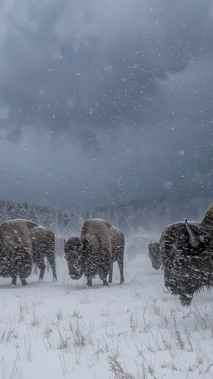 Vertical video: Moving herd of American bison crossing snowy plain, drifting snow frosting fur