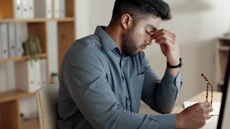 Dolor-De-Cabeza,-Gafas-Y-Estrés-Del-Hombre-De-Negocios