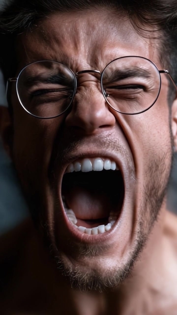 Powerful Expression of Raw Emotion: A Close-Up of a Young Man Yelling with Intensity and Passion, Capturing His Unfiltered Feelings Through Dynamic Timing