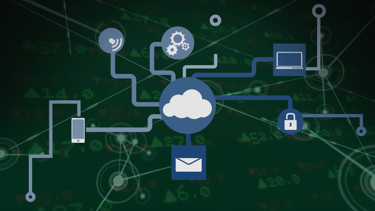 animación de iconos conectados sobre puntos conectados contra el tablero de negociación en el fondo