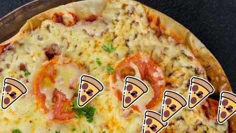 animation of pizza icons over fresh pizza