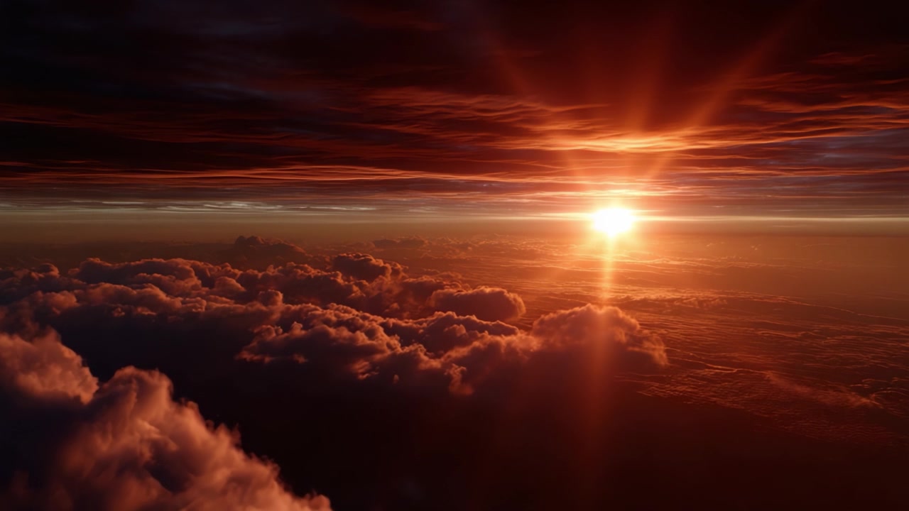 Eine atemberaubende Szene, die einen lebendigen Sonnenuntergang über einem Wolkenmeer zeigt, mit Farben von tiefem Orange bis sanftem Rot, die den Himmel in beeindruckender Schönheit erhellen.
