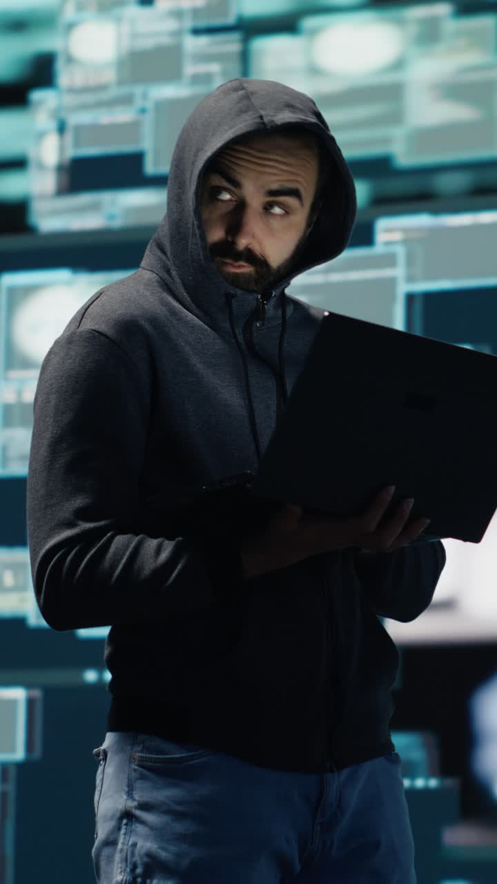 Video verticale: Infiltrazione informatica in corso mentre un hacker prende di mira i sistemi di rete.