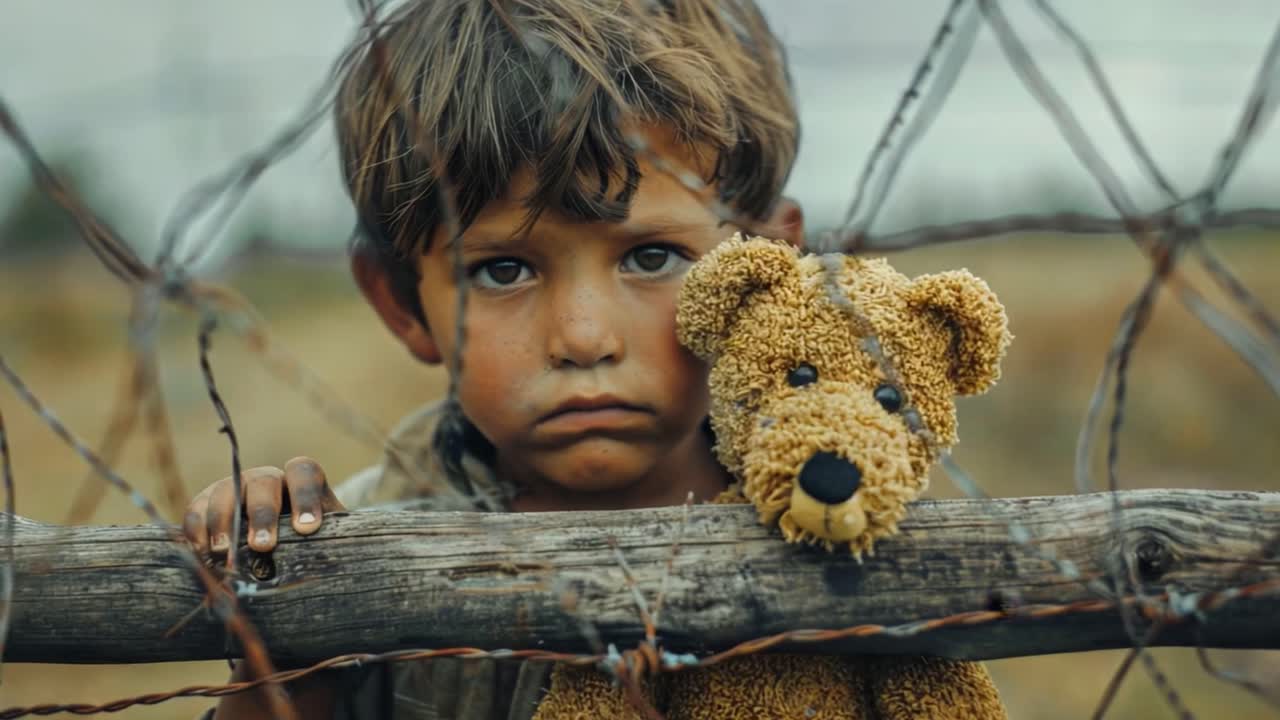Ein trauriger Flüchtlingsjunge mit einem Teddybär hinter Stacheldraht