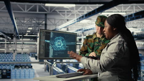 military staff in server room uses ai tools to help manage computer systems