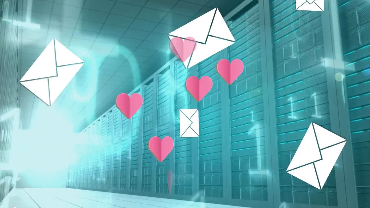 animación de corazones, iconos de sobres con procesamiento de datos en la sala del servidor