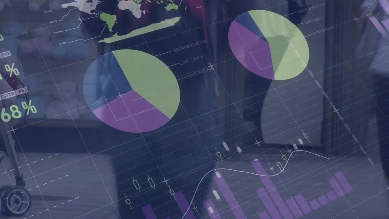 animación de estadísticas y procesamiento de datos sobre una concurrida calle de la ciudad