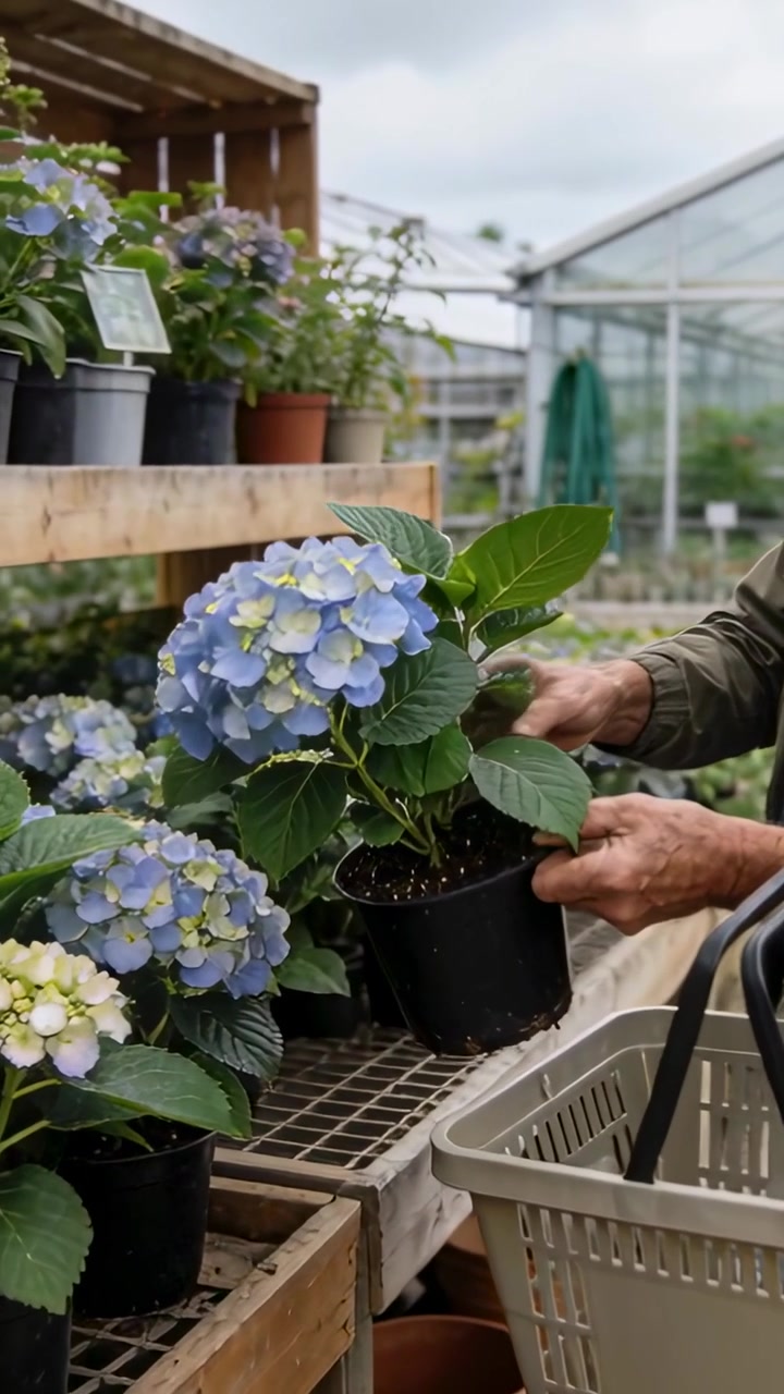 Vertical video: Reaching man lifting pot in nursery touching hydrangea by basket to buy, copy space