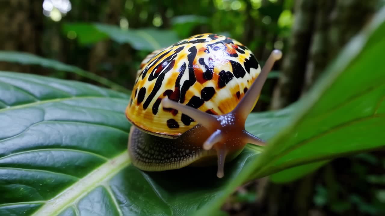 Close-up of a Colorful Snail with a Patterned Shell on a Green Leaf