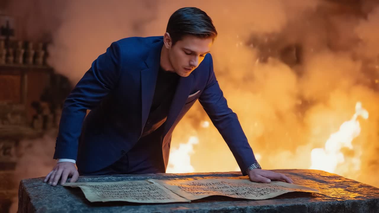 Man in suit reading a document with fire in the background