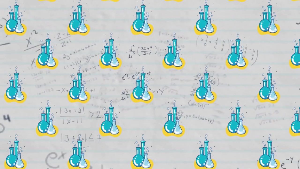 Animation of beakers over mathematical equations on white background
