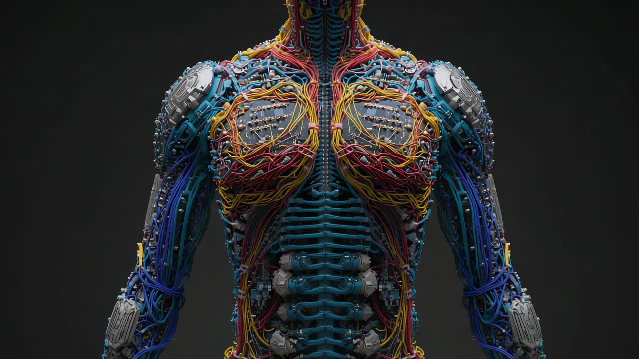Opkomend mensachtig torso dat faceplate onthult in donkere studio, met vonken die stroom en bedrading starten