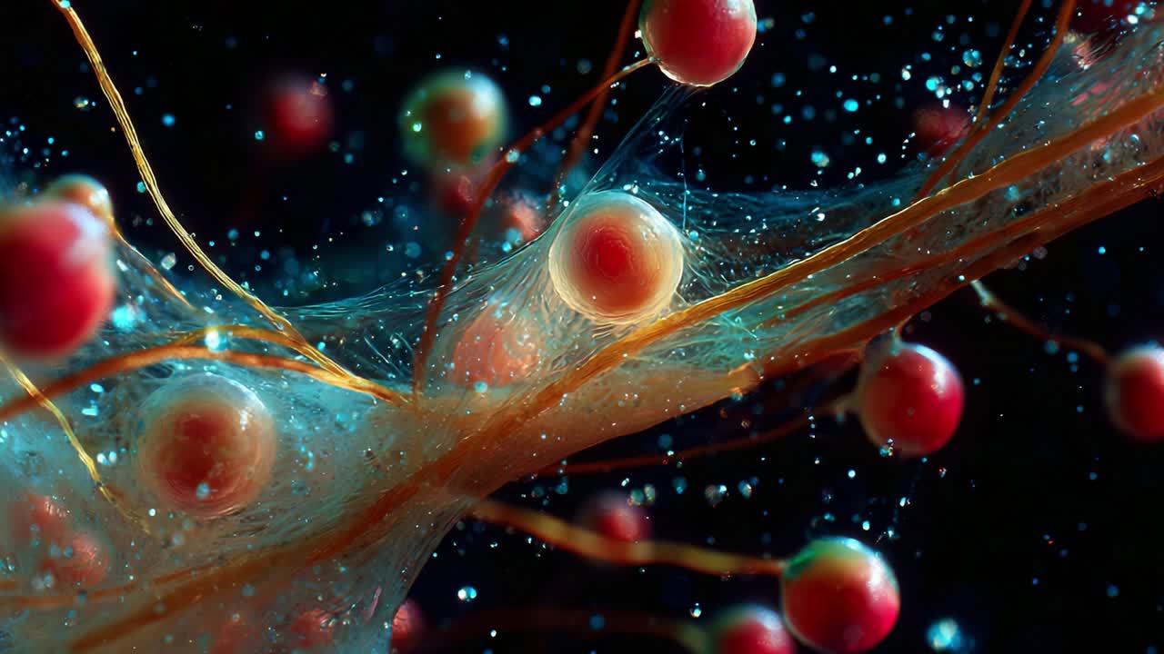 A Stunning Close-Up of Bioluminescent Microorganisms in a Macroscopic View, Highlighting Their Intricate Structures and Vibrant Colors against a Dark Background
