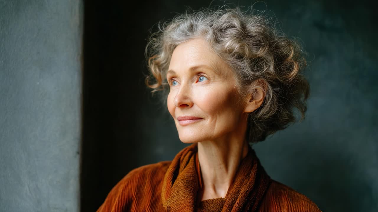 Um retrato cativante de uma mulher madura com cabelo cacheado, irradiando confiança e serenidade, em um plano de fundo suavemente iluminado que realça suas características elegantes