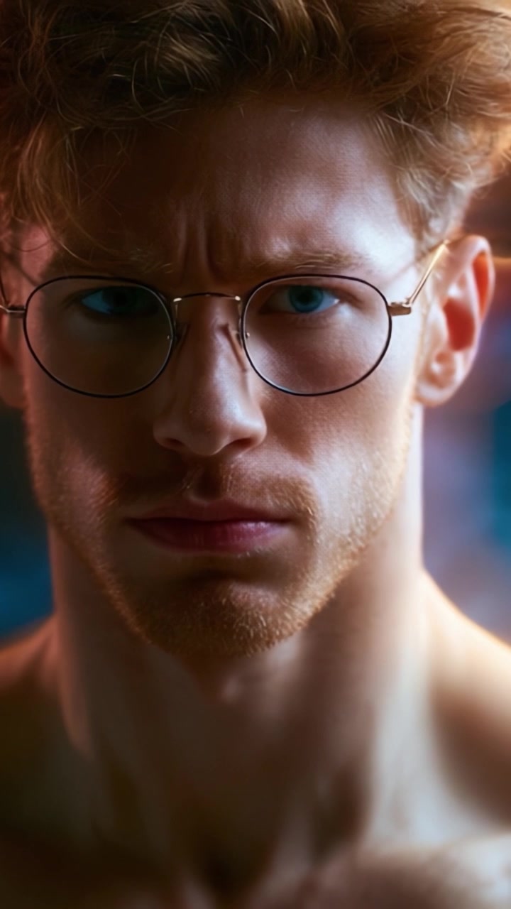 Intense Close-Up Portrait of a Young Man with Glasses, Highlighting Strong Facial Features and Expression Under Dramatic Lighting Conditions