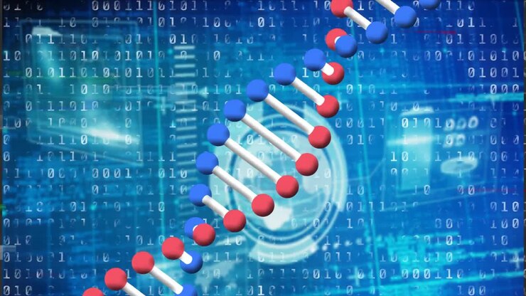 Animation of graphical dna helix rotating over globe and digital changing binary codes