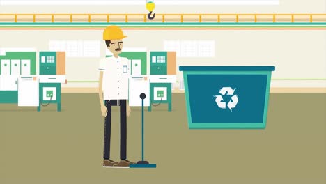 factory worker standing near recycling bin