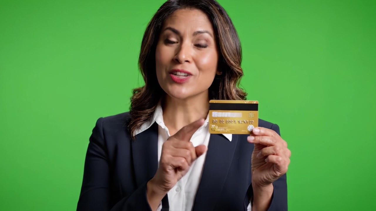 Empresaria Segura Presentando una Tarjeta de Crédito sobre un Fondo Verde Brillante en un Entorno Profesional, Cautivando a los Espectadores con Comunicación y Expresión Efectivas