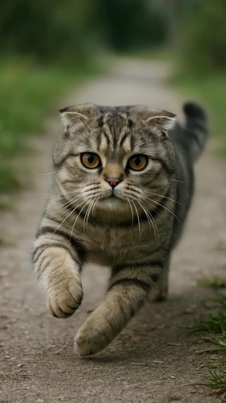 Una ripresa video ravvicinata e dal basso di un gatto soriano che cammina con sicurezza su un sentiero, catturando la sua curiosità