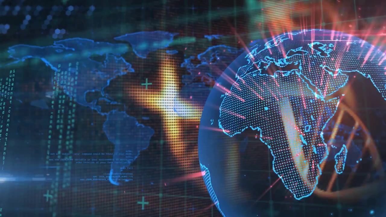 Animation of dna strands and glowing globe over world map and data processing on dark background