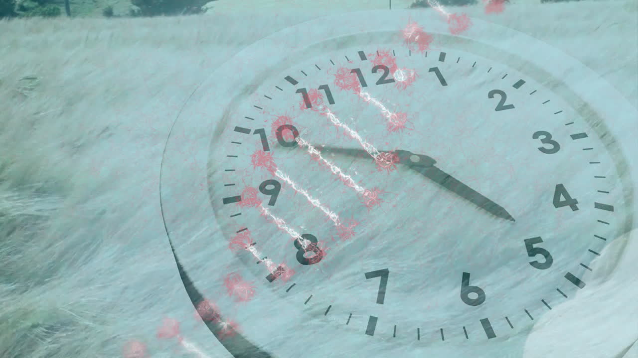 Animation of clock face with red markings overlaying ocean waves