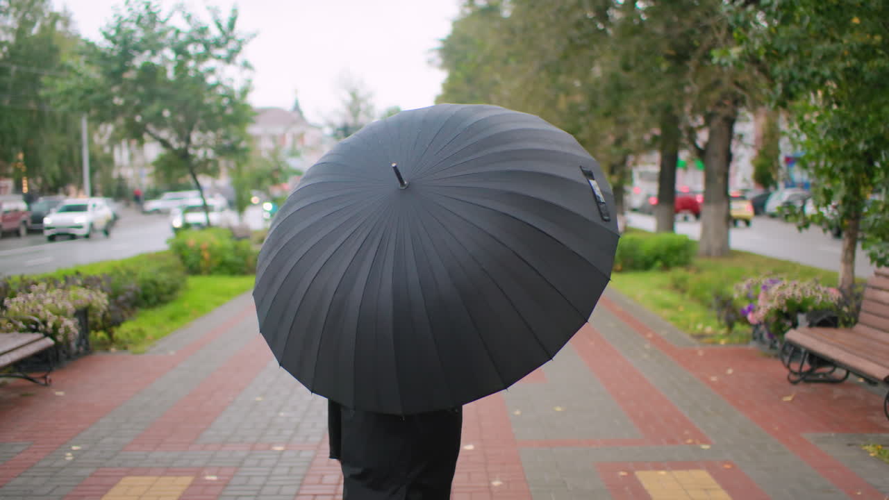 Person holding large black umbrella walking down urban park pathway on cloudy day with green trees, benches, and cars visible along street creating calm rainy season atmosphere in city environment
