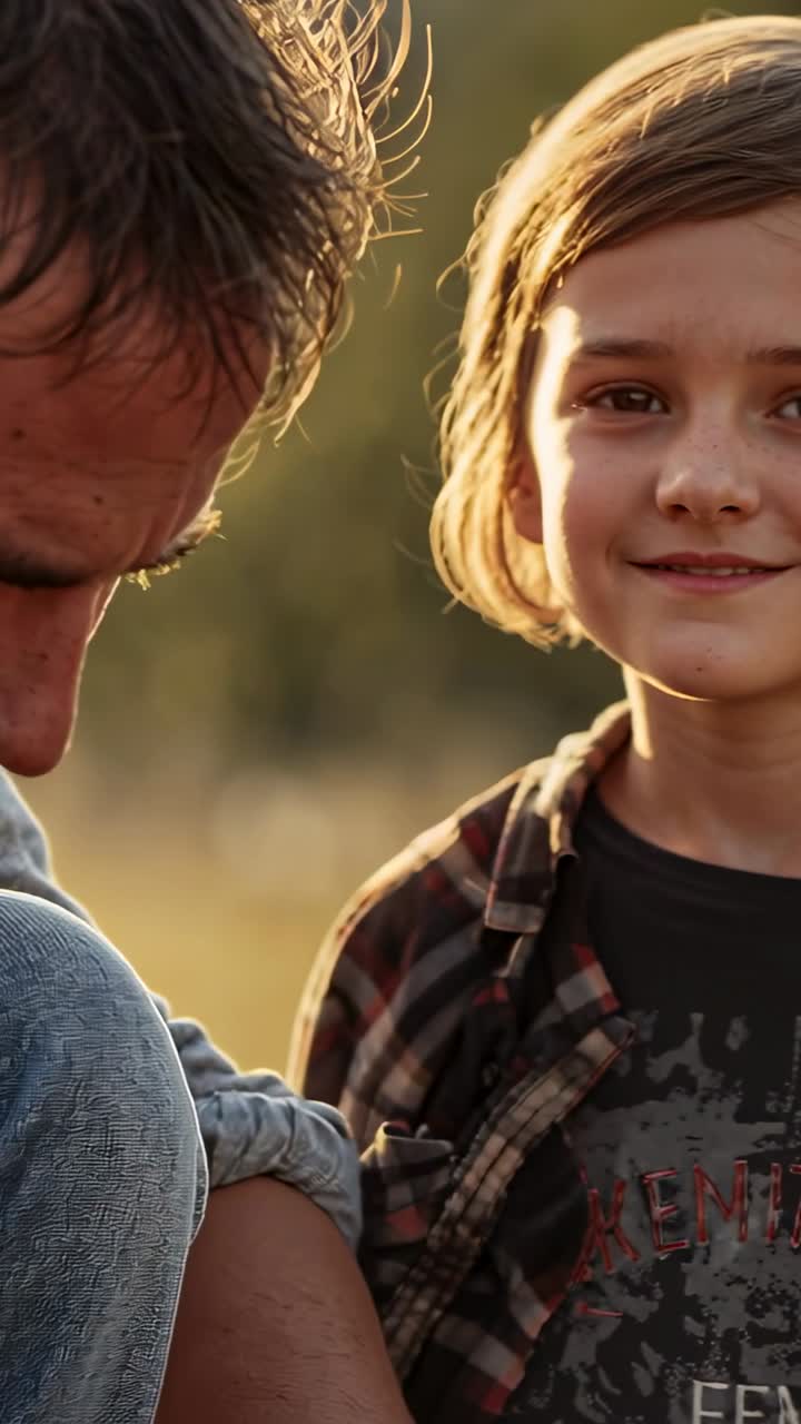 Vertical video: Smiling child reacting to adult's bowed head in field, in plaid and denim shirts