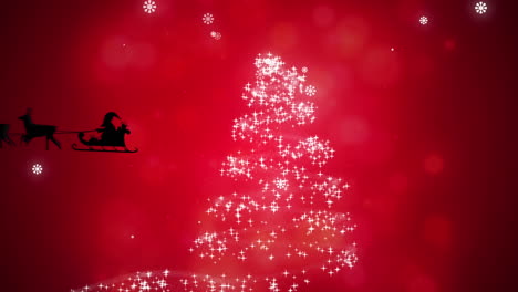 animation of santa claus in sleigh over shooting star and snow falling on red background