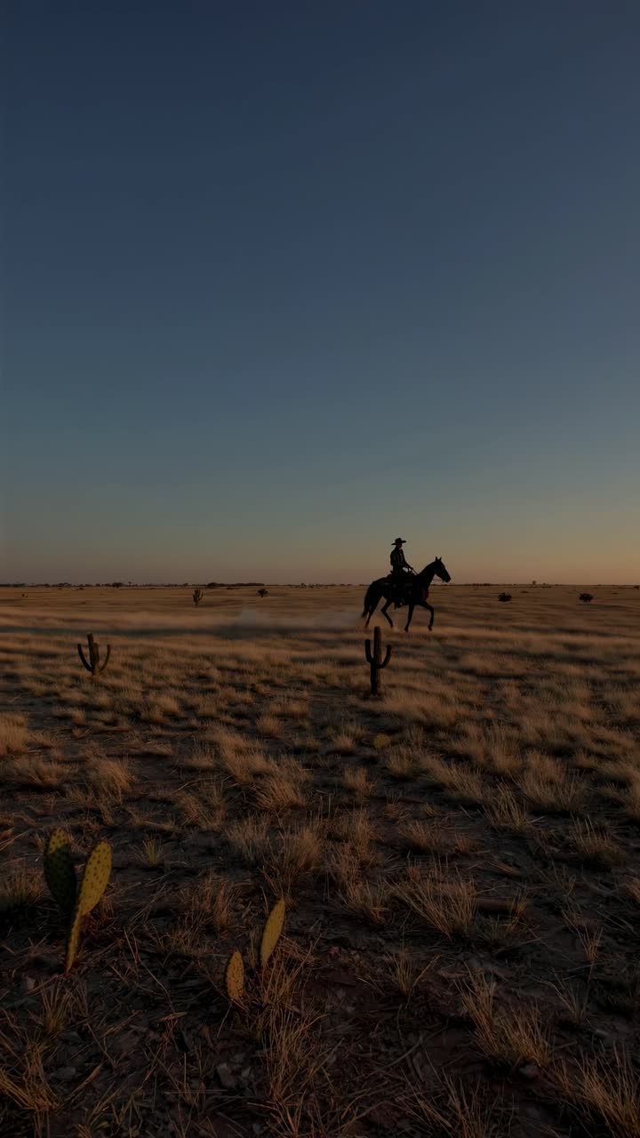 Wide-angle shot of a lone cowboy riding a horse across a desert landscape at sunset