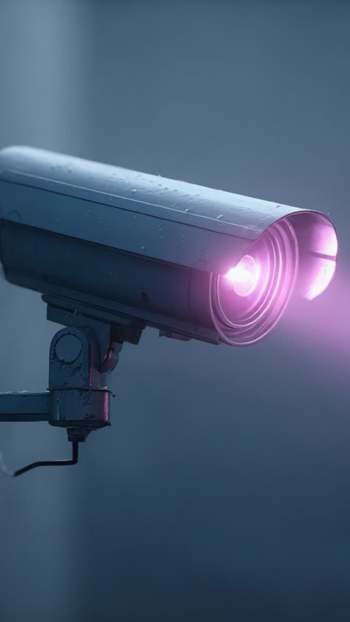 Una prospettiva unica su una moderna telecamera di sorveglianza che emette una tenue luce rosa, evidenziandone il design elegante e la tecnologia contemporanea in un ambiente urbano